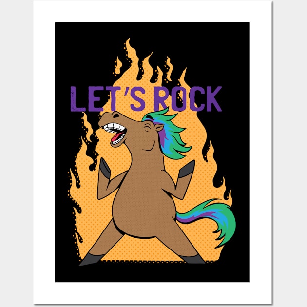 Funny Horse Quote Let's Rock Comic-Like Horse In Fire Wall Art by BK55